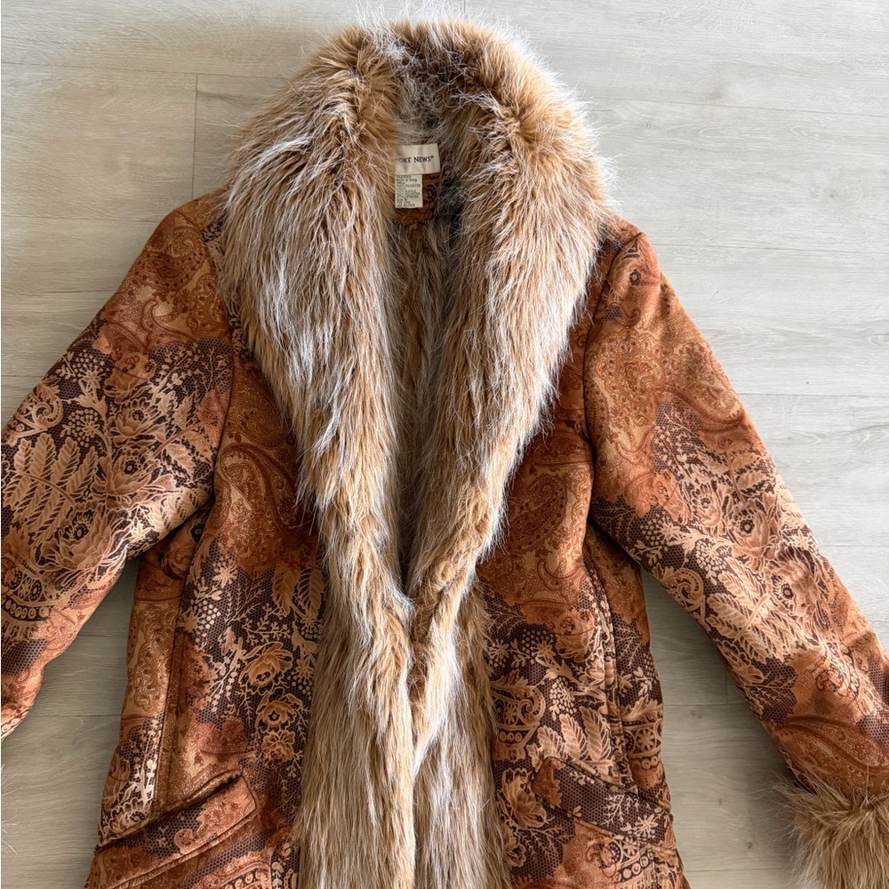 Vintage Newport News 90s Brown Paisley Penny Lane Coat Faux Fur Trim UNWORN Sz 8 - Picture 3 of 7